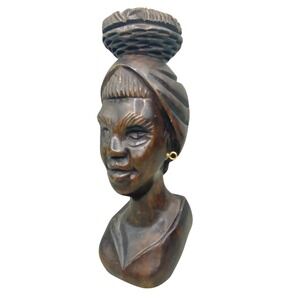 VTG African Hand Carved Ebony Wood Bust Woman Head Wrap Basket Folk Art  8.5"